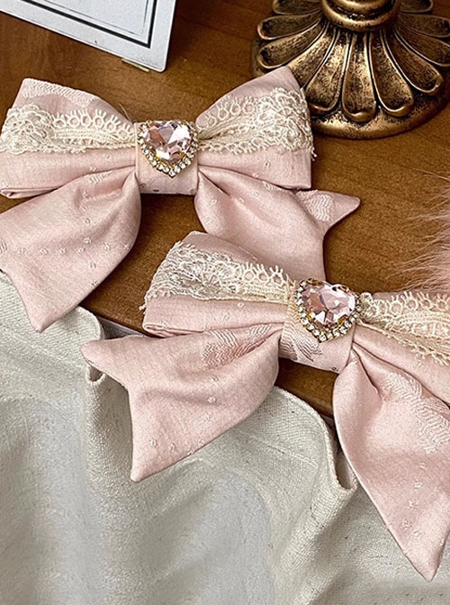 Flower Love Song Series Pink Lace Heart Shape Rhinestone Satin Bowknot Elegant Sweet Lolita Side Clip
