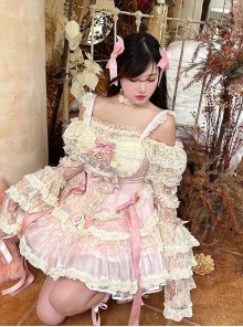 Flower Love Song Series Princess Style Pink Ribbon Bowknot Sweet Lolita Lace Wrist Band Leg Ring Set