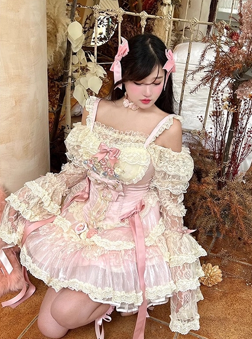 Flower Love Song Series Princess Style Pink Ribbon Bowknot Sweet Lolita Lace Wrist Band Leg Ring Set
