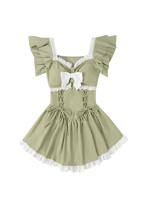 Summer Sweetheart Cute Japanese Style Avocado Green Student Girl Sweet Lolita Sleeveless Conjoined Swimsuit