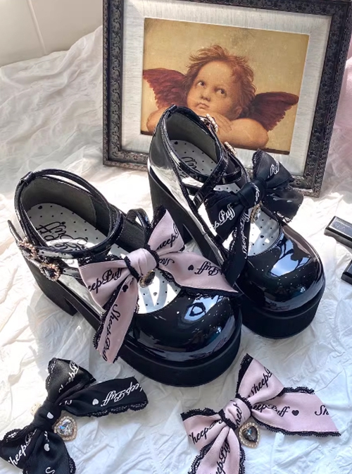 Landmine Girl Japanese Style Black Pink Delicate Satin Bowknot Sweet Lolita Cool Y2K Mary Jane Cake Thick Sole Shoes