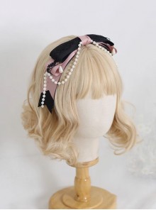 Landmine Girl Y2K Cute Cool Black Pink Ribbon Bowknot Lace Elegant Pearl Chain Sweet Lolita Headband