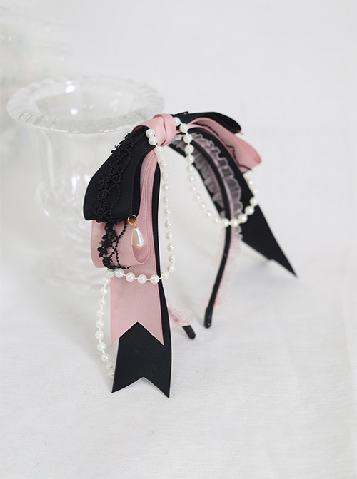 Landmine Girl Y2K Cute Cool Black Pink Ribbon Bowknot Lace Elegant Pearl Chain Sweet Lolita Headband