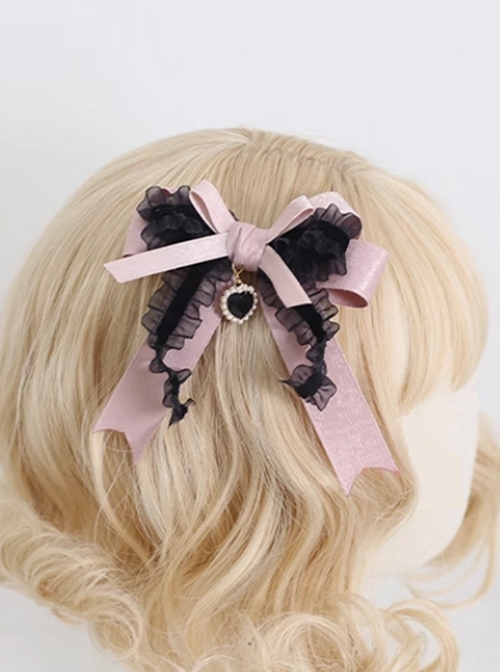 Retro Exquisite Y2K Landmine Girl Cute Elegant Heart Pendant Cool Black Pink Ribbon Bowknot Lace Sweet Lolita Hairpin