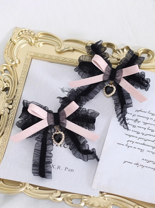 Retro Exquisite Y2K Landmine Girl Cute Elegant Heart Pendant Cool Black Pink Ribbon Bowknot Lace Sweet Lolita Hairpin