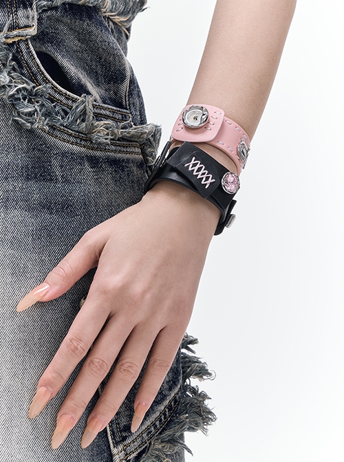 Shibuya Hotties Landmine Girl Y2K Versatile Sweet Cool Punk Lolita Leather Rhinestone Button Bracelet