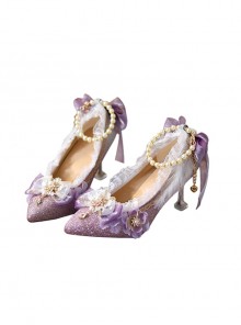 Palace Style Purple Bar Mitzvah Celebration Party Shiny Feather Lace Flower Bowknot Pearl Chain Classic Lolita Pointed Toe Heels Shoes