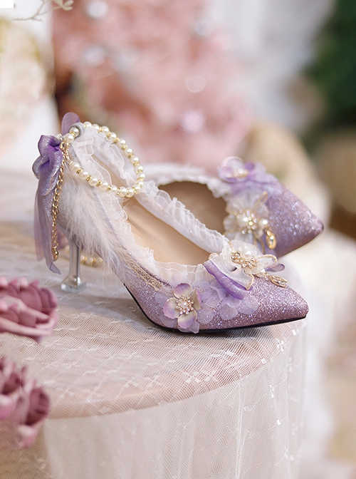 Palace Style Purple Bar Mitzvah Celebration Party Shiny Feather Lace Flower Bowknot Pearl Chain Classic Lolita Pointed Toe Heels Shoes