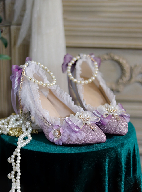 Palace Style Purple Bar Mitzvah Celebration Party Shiny Feather Lace Flower Bowknot Pearl Chain Classic Lolita Pointed Toe Heels Shoes