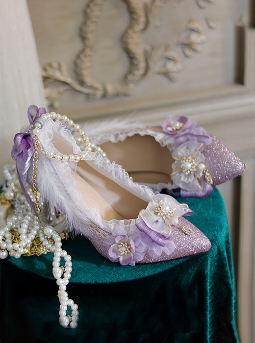 Palace Style Purple Bar Mitzvah Celebration Party Shiny Feather Lace Flower Bowknot Pearl Chain Classic Lolita Pointed Toe Heels Shoes