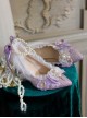 Palace Style Purple Bar Mitzvah Celebration Party Shiny Feather Lace Flower Bowknot Pearl Chain Classic Lolita Pointed Toe Heels Shoes