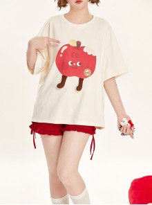 Cool Summer Apricot Color Cute Little Expression Fruit Red Apple Print Kawaii Fashion Loose Short Sleeve T Shirt