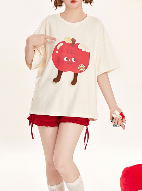 Cool Summer Apricot Color Cute Little Expression Fruit Red Apple Print Kawaii Fashion Loose Short Sleeve T Shirt