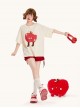 Cool Summer Apricot Color Cute Little Expression Fruit Red Apple Print Kawaii Fashion Loose Short Sleeve T Shirt