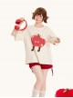 Cool Summer Apricot Color Cute Little Expression Fruit Red Apple Print Kawaii Fashion Loose Short Sleeve T Shirt