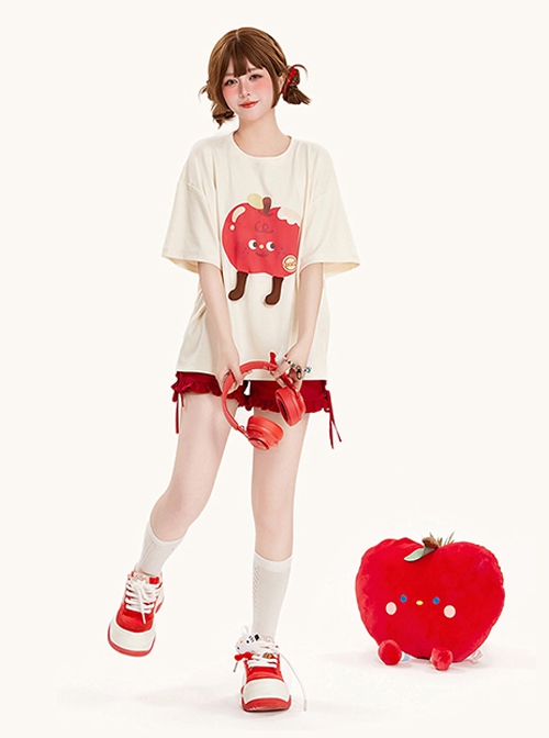 Cool Summer Apricot Color Cute Little Expression Fruit Red Apple Print Kawaii Fashion Loose Short Sleeve T Shirt