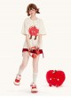 Cool Summer Apricot Color Cute Little Expression Fruit Red Apple Print Kawaii Fashion Loose Short Sleeve T Shirt