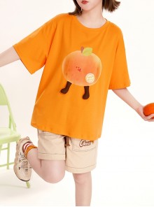 Cool Summer Daily Energetic Orange Cute Fruit Juice Tangerine Print Kawaii Fashion Loose Short Sleeve T Shirt