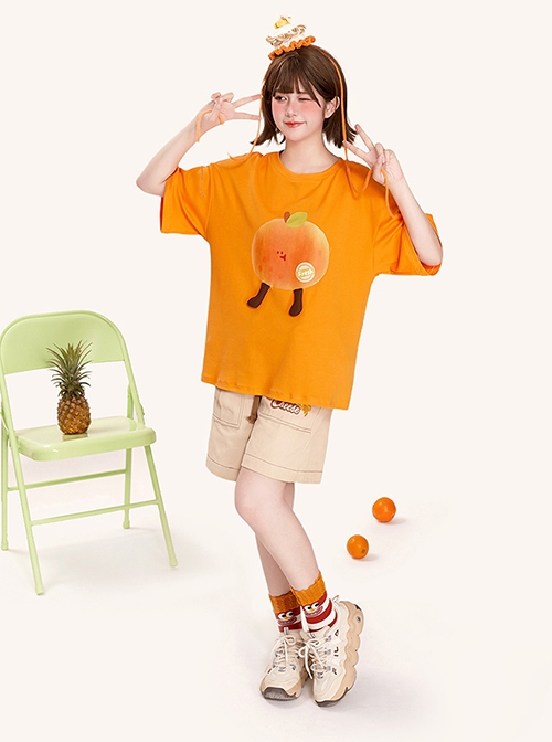 Cool Summer Daily Energetic Orange Cute Fruit Juice Tangerine Print Kawaii Fashion Loose Short Sleeve T Shirt