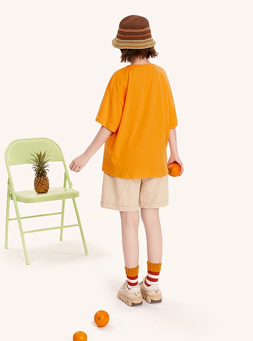 Cool Summer Daily Energetic Orange Cute Fruit Juice Tangerine Print Kawaii Fashion Loose Short Sleeve T Shirt