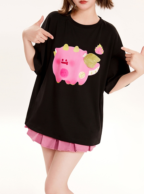 Black Cool Summer Watercolor Style Cute Fruit Pink Pitaya Monster Peach Print Kawaii Fashion Loose Short Sleeve T Shirt