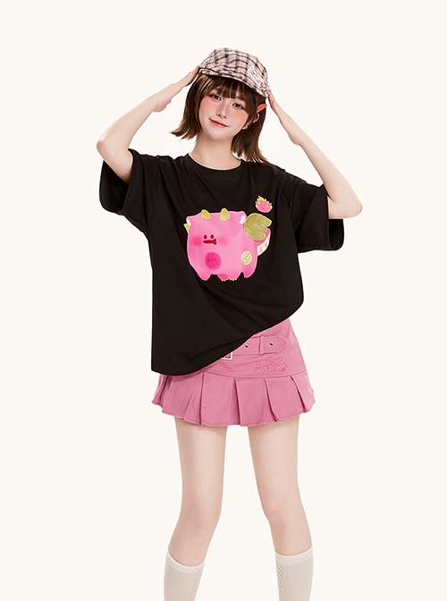 Black Cool Summer Watercolor Style Cute Fruit Pink Pitaya Monster Peach Print Kawaii Fashion Loose Short Sleeve T Shirt