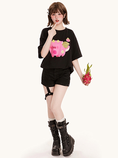 Black Cool Summer Watercolor Style Cute Fruit Pink Pitaya Monster Peach Print Kawaii Fashion Loose Short Sleeve T Shirt