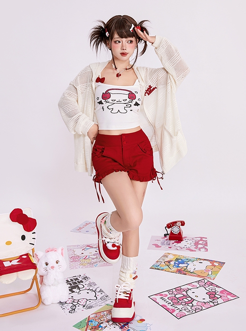 Daily Teenage Sense Sweet Sister Hundred With Thin Drawstring Tie Ruffled Bowknot Kawaii Fashion Low Waist Shorts