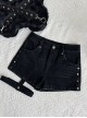 Doberman Pinscher Series Black Skinny Rivet Punk Mid Low Waist A-Line Denim Washed Cotton Leg Loop Kawaii Fashion Shorts