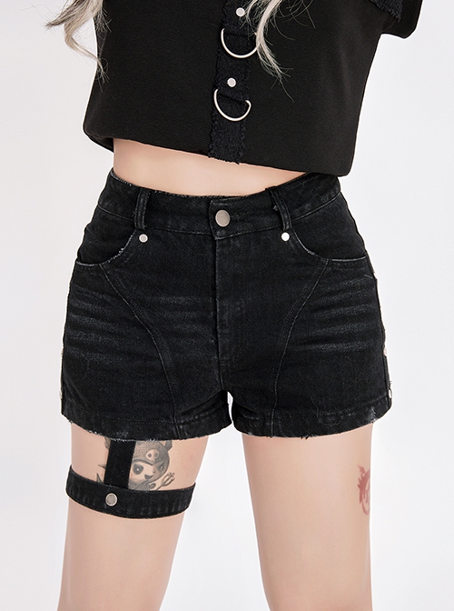 Doberman Pinscher Series Black Skinny Rivet Punk Mid Low Waist A-Line Denim Washed Cotton Leg Loop Kawaii Fashion Shorts