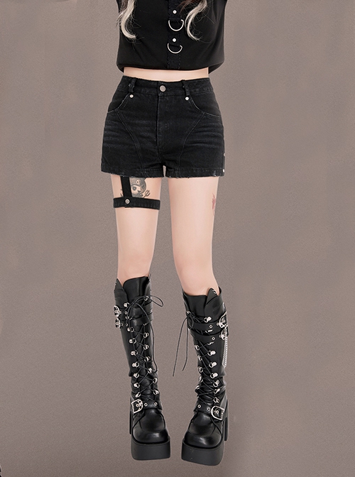 Doberman Pinscher Series Black Skinny Rivet Punk Mid Low Waist A-Line Denim Washed Cotton Leg Loop Kawaii Fashion Shorts