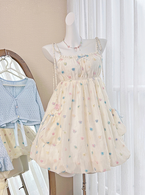 Little Jelly Beans Series Gentle Sweet Pure Desire Style 3D Small Flowers Polka Dot Kawaii Fashion Bud Halter Dress