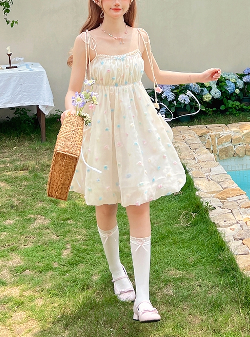 Little Jelly Beans Series Kawaii Fashion White Gentle Sweet 3D Small Flowers Polka Dot Long Version Bud Halter Dress