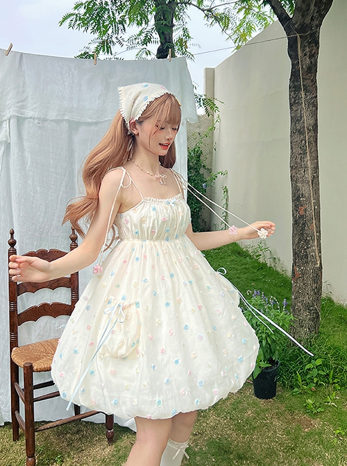 Little Jelly Beans Series Kawaii Fashion White Gentle Sweet 3D Small Flowers Polka Dot Long Version Bud Halter Dress