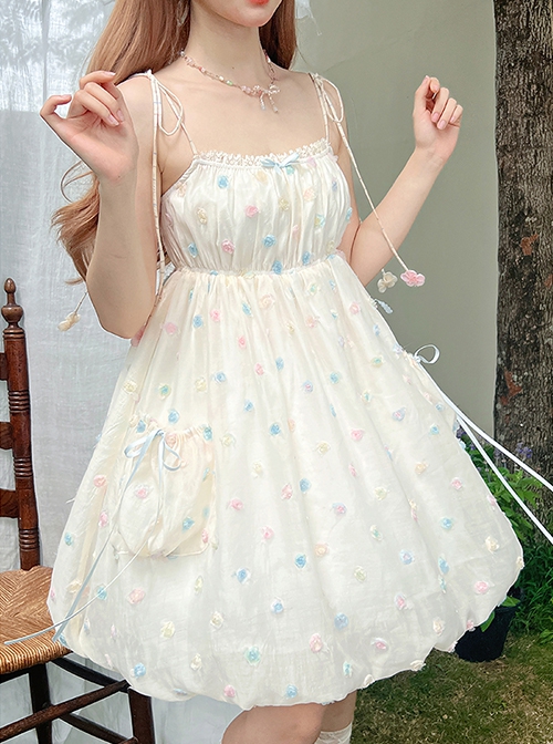 Little Jelly Beans Series Kawaii Fashion White Gentle Sweet 3D Small Flowers Polka Dot Long Version Bud Halter Dress