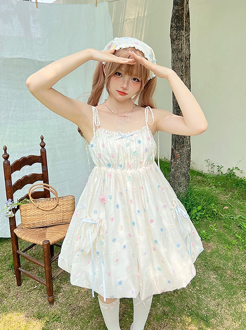 Little Jelly Beans Series Kawaii Fashion White Gentle Sweet 3D Small Flowers Polka Dot Long Version Bud Halter Dress