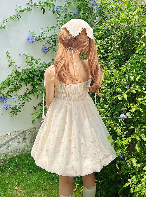 Little Jelly Beans Series Kawaii Fashion White Gentle Sweet 3D Small Flowers Polka Dot Long Version Bud Halter Dress