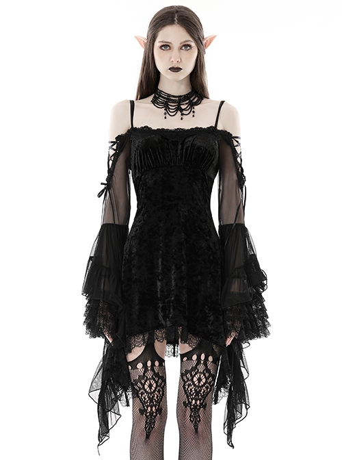 Gothic Style Elegant Velvet Sexy Off Shoulder Gorgeous Mesh Lace Ruffled Black Trumpet Sleeves Suspender Dress