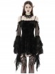 Gothic Style Elegant Velvet Sexy Off Shoulder Gorgeous Mesh Lace Ruffled Black Trumpet Sleeves Suspender Dress