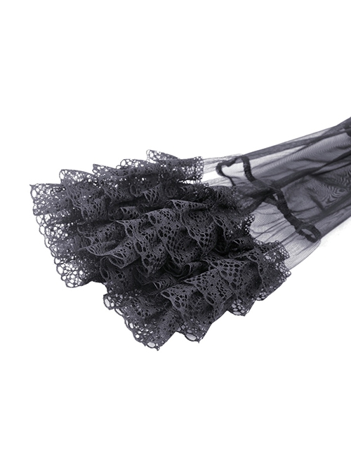 Gothic Style Elegant Velvet Sexy Off Shoulder Gorgeous Mesh Lace Ruffled Black Trumpet Sleeves Suspender Dress