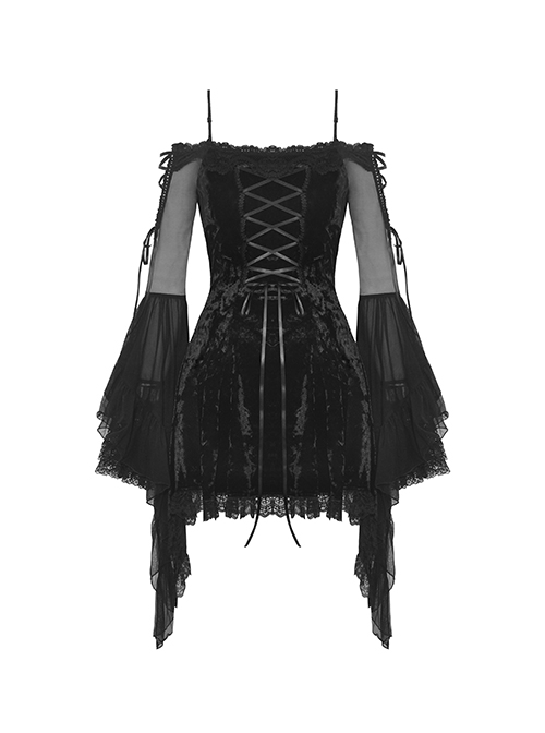 Gothic Style Elegant Velvet Sexy Off Shoulder Gorgeous Mesh Lace Ruffled Black Trumpet Sleeves Suspender Dress