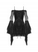 Gothic Style Elegant Velvet Sexy Off Shoulder Gorgeous Mesh Lace Ruffled Black Trumpet Sleeves Suspender Dress