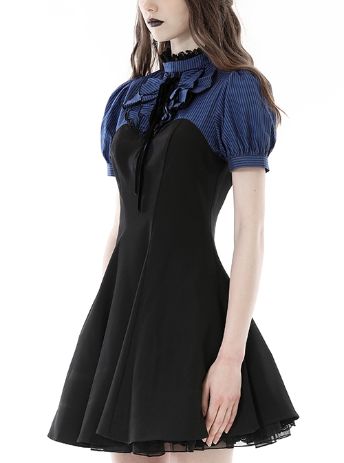 Gothic Style Elegant Lace Ruffled Stand Collar Velvet Strap Blue And Black Spliced Retro Puff Sleeves Slim Dress