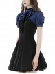 Gothic Style Elegant Lace Ruffled Stand Collar Velvet Strap Blue And Black Spliced Retro Puff Sleeves Slim Dress