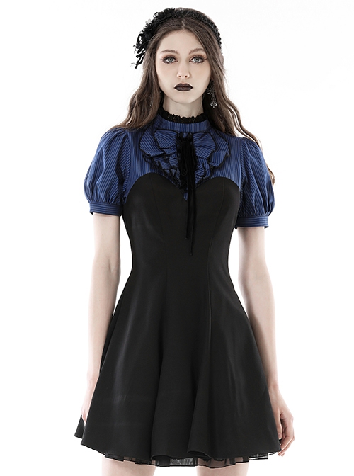 Gothic Style Elegant Lace Ruffled Stand Collar Velvet Strap Blue And Black Spliced Retro Puff Sleeves Slim Dress