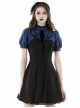 Gothic Style Elegant Lace Ruffled Stand Collar Velvet Strap Blue And Black Spliced Retro Puff Sleeves Slim Dress