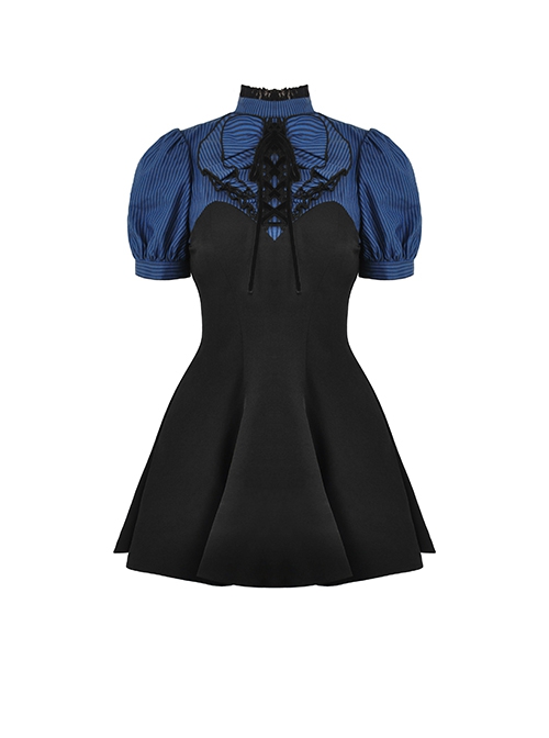 Gothic Style Elegant Lace Ruffled Stand Collar Velvet Strap Blue And Black Spliced Retro Puff Sleeves Slim Dress