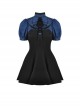 Gothic Style Elegant Lace Ruffled Stand Collar Velvet Strap Blue And Black Spliced Retro Puff Sleeves Slim Dress