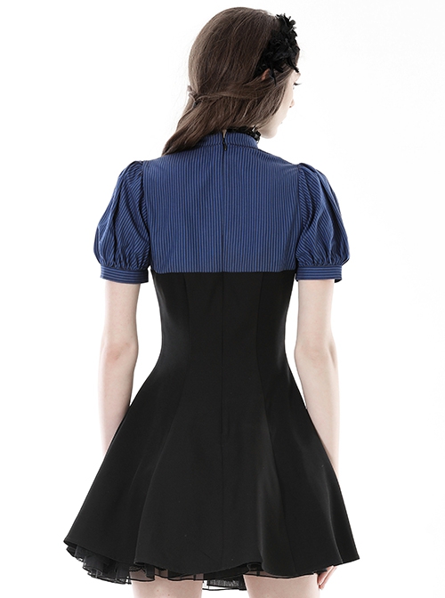 Gothic Style Elegant Lace Ruffled Stand Collar Velvet Strap Blue And Black Spliced Retro Puff Sleeves Slim Dress