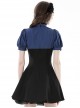 Gothic Style Elegant Lace Ruffled Stand Collar Velvet Strap Blue And Black Spliced Retro Puff Sleeves Slim Dress